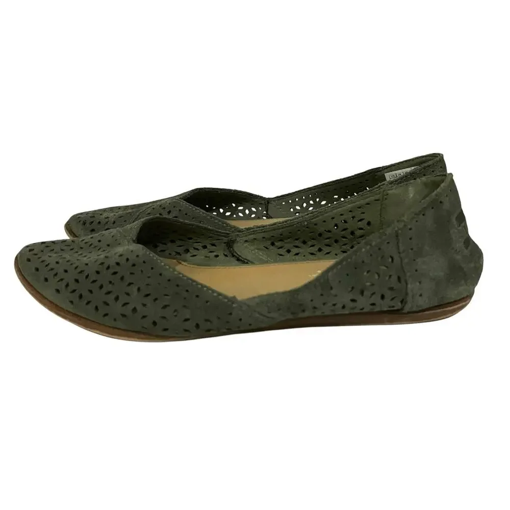 Toms Jutti Suede Laser Cut Flats Womens 8 Green Slip On Casual Comfort
